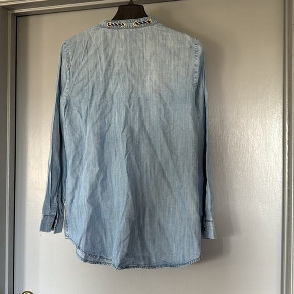 Chico's  sz 1 Small Women's Pullover Top Long Sleeves Snaps Nautical Tie Pockets - Picture 2 of 5